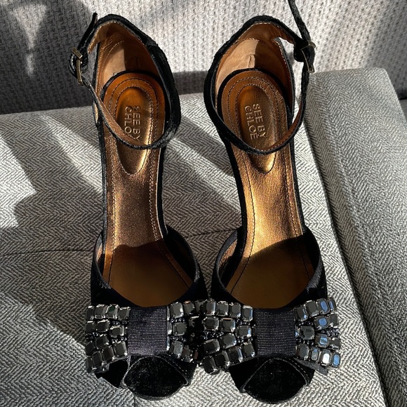 See By Chloe Shoes - See By Chole Peep Toe Pumps Black Velvet Size 8 / 38.5 Embellished Bow